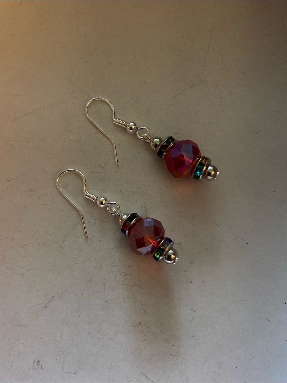 Silver Hook Earrings with Faceted Red Crystal Beads & silver rhinestone accents!